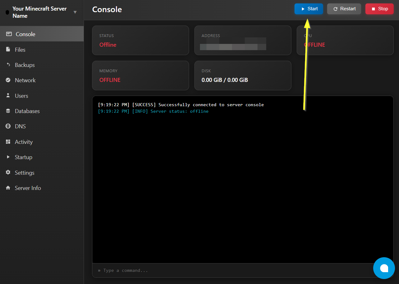 Click start button server console